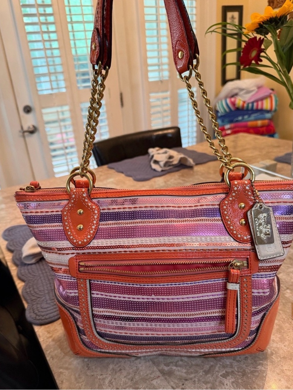 Coach Y2K Poppy #23843 Striped Sequined Tote Gold Chain Handles Hang Tags - Picture 14 of 16